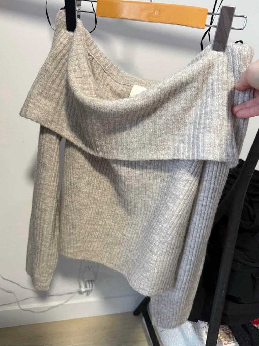 H&M Off-the-Shoulder Ribbed Sweater in Light Beige